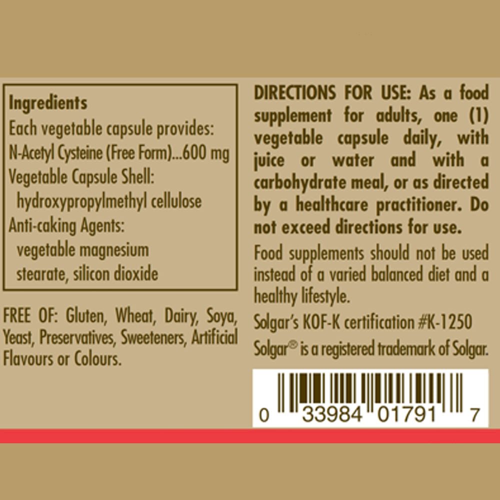 Solgar NAC (N-Acetyl-L-Cysteine) 600 mg Vegetable Capsules - Pack of 60
