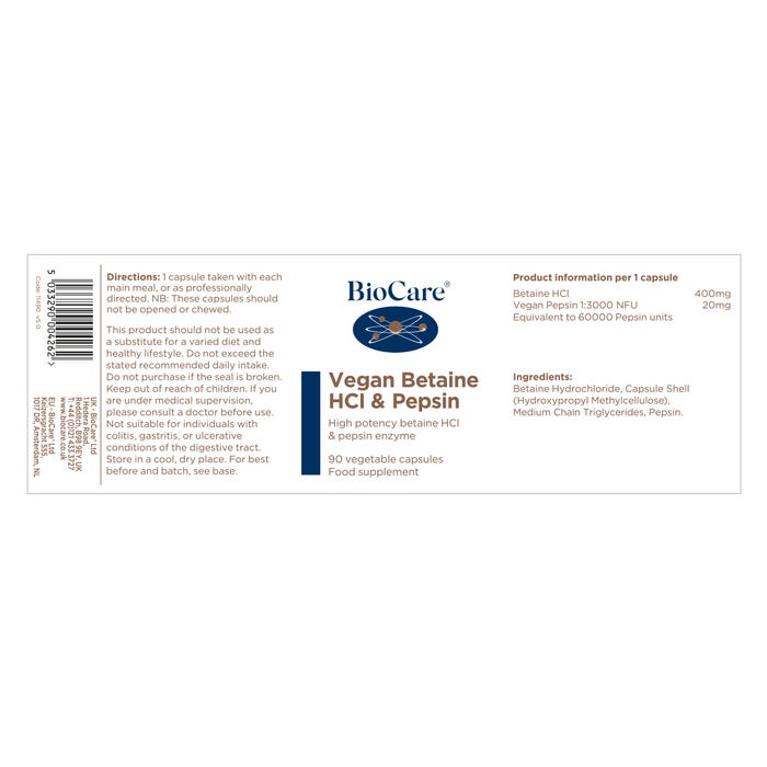 Biocare Vegan Betaine HCl &  Pepsin