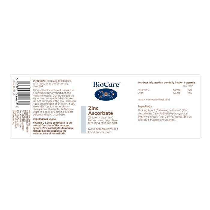 BioCare Zinc Ascorbate 60 Capsules