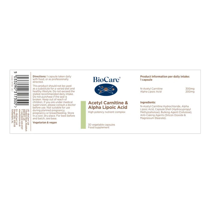 BioCare Acetyl Carnitine & Alpha Lipoic Acid 30 Capsules
