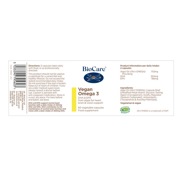 BioCare Vegan Omega 3 (Algal DHA & EPA) 60 Capsules