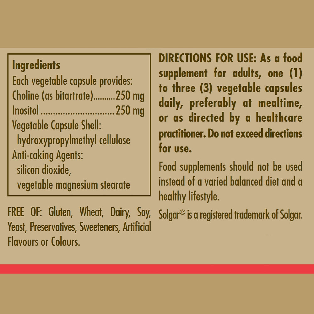 Solgar Choline 250 mg / Inositol 250 mg Vegetable Capsules - Pack of 50