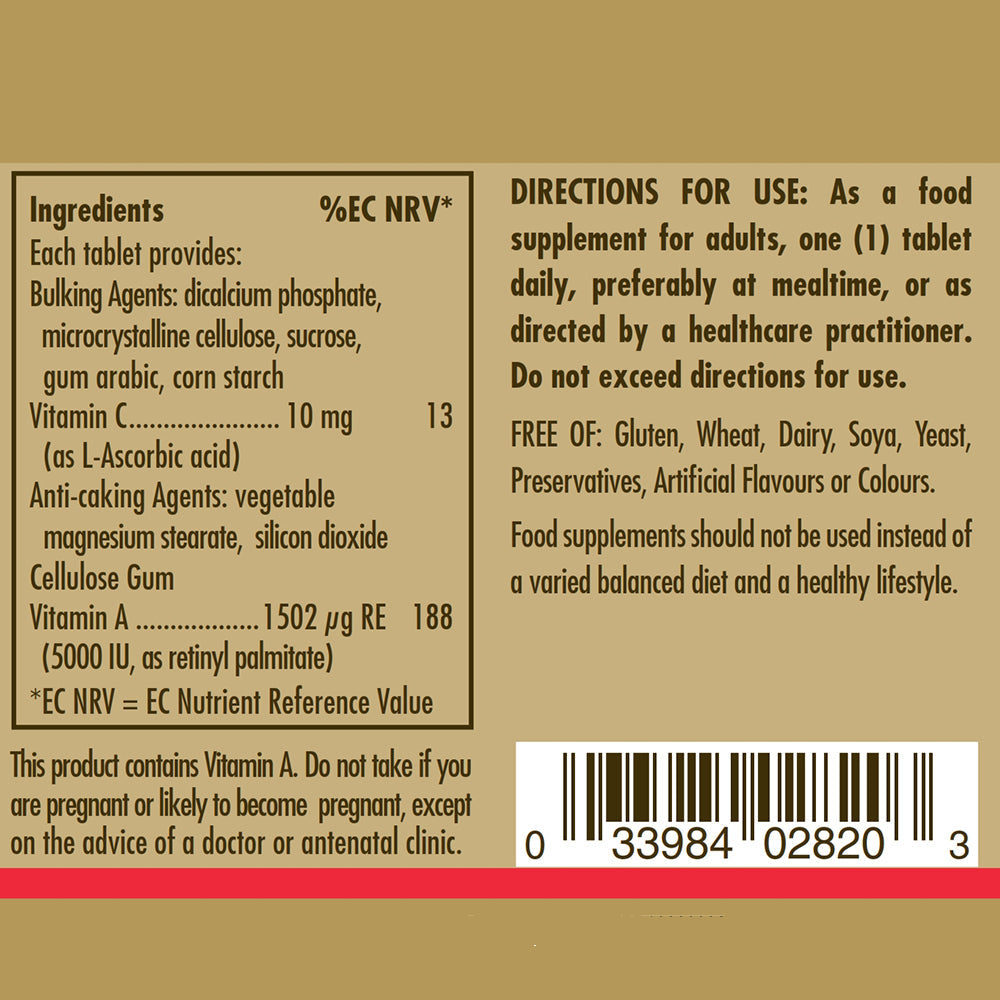 Solgar Dry Vitamin A 5000 IU Tablets - Pack of 100