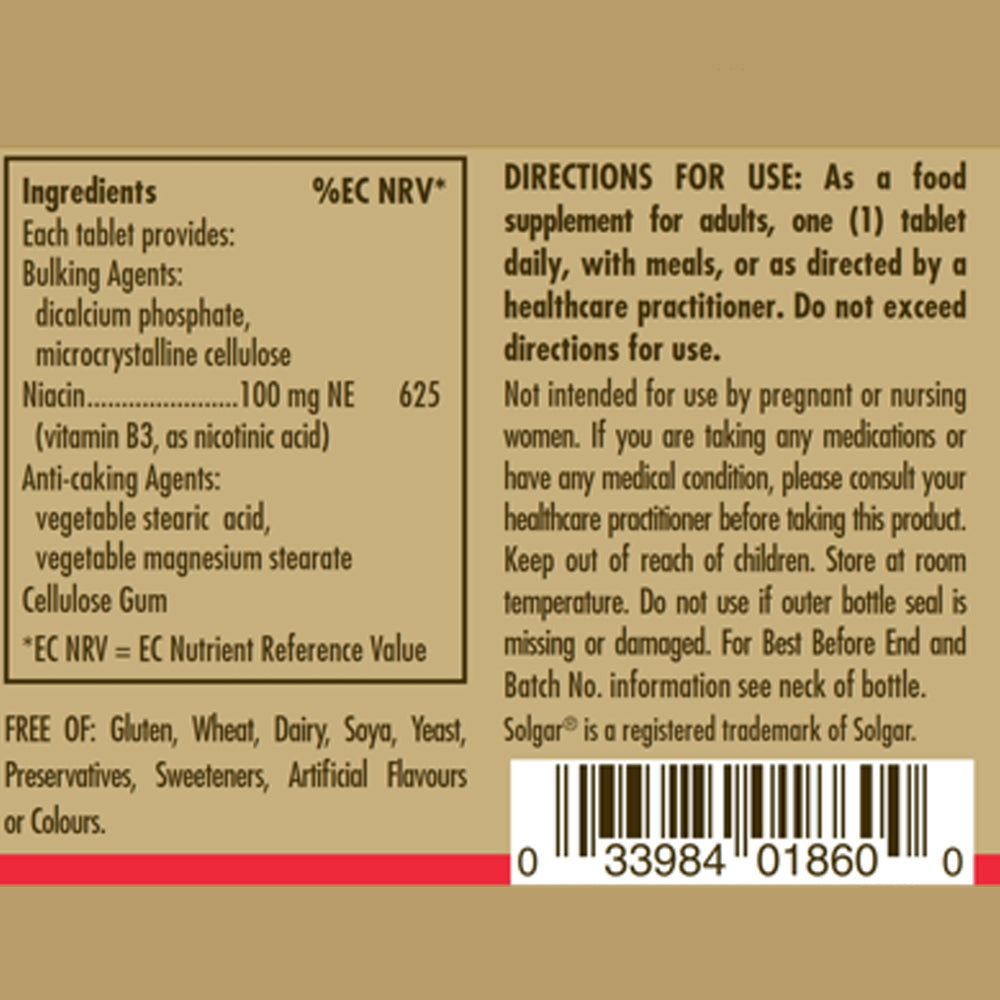 Solgar Niacin (Vitamin B3) 100 mg Tablets - Pack of 100