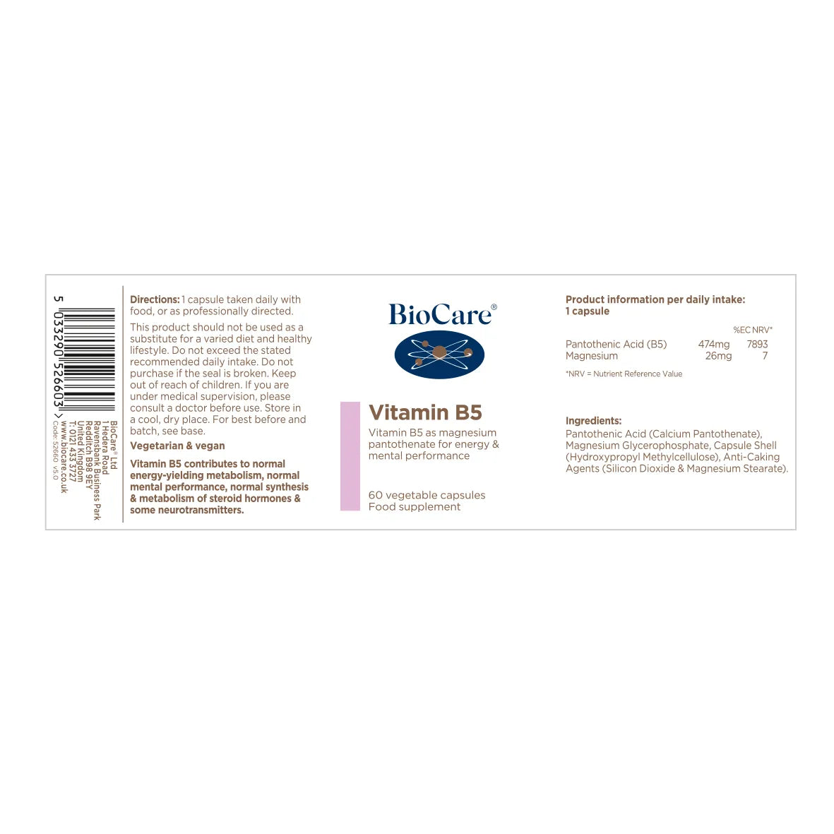 Biocare Vitamin B5 60 Capsules
