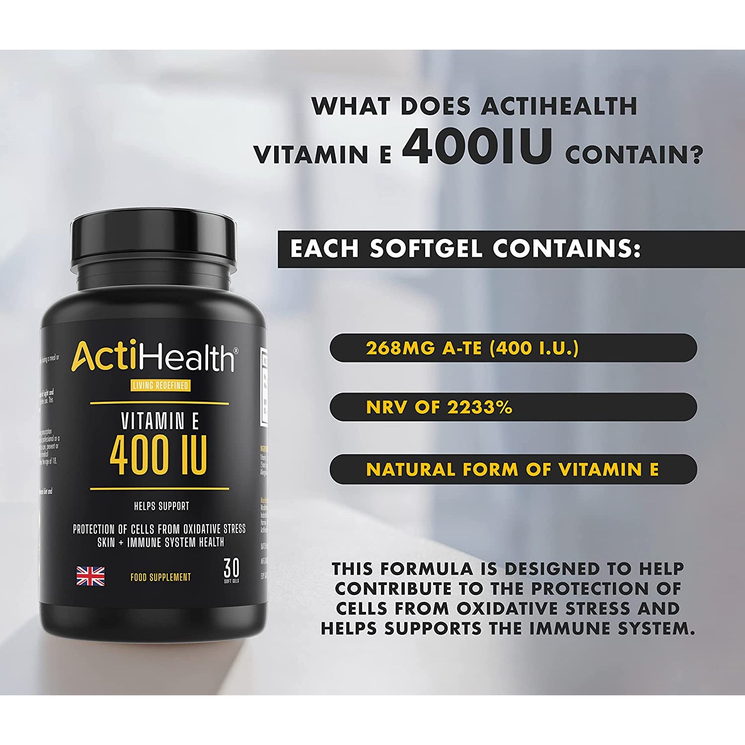 ActiHealth Vitamin E 400iu 30 SoftGels 1-a-Day 30 Day Supply Immune Health
