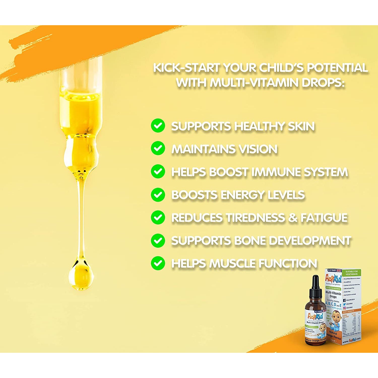 ActiKid Multi-Vitamin Drops 25ml, Gelatine Free (Vitamin Drops for Babies)